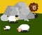 Vector animal lion hidding behind rocks looking sheep lamb