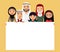 Vector - arab family, muslim people, saudi cartoon man and woman. Muslim family with sign.
