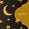 Vector arabic pattern, 3d stylized golden moon, stars and gold frame. Arabesque ornaments for ramadan holiday decoration.