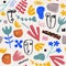 Vector art hand drawn collage Seamless pattern. Plants, geometric shapes, Modern abstract Faces. Background, Wallpaper