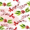 Vector artistic seamless pattern for Merry Christmas holiday with hand drawn watercolor decor elements - holly berry branch, red b