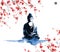 Vector artwork depicting a serene Buddha with vibrant red cherry blossoms, blending spirituality with the beauty of
