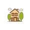 Vector asymmetrical yellow house icon. Vector house with a chimney and trees with clouds icon