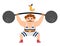 Vector athlete lifting weight in stripy costume. Cute funny acrobat or strongman. Circus or sport artist with muscles clipart.