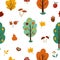 Vector autumn forest or garden seamless pattern with fruit trees, plants, shrubs, bushes, mushrooms. Fall apple and pear garden
