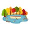 Vector autumn landscape. Boat in a pond in the autumn forest