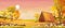 Vector Autumn landscape wood barn  and misty forest trees with clouds ,Orange and Pink sky,Illustration Peaceful scenery rural