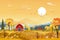 Vector Autumn panorama landscape farm field with orange sky, Beautiful sunset in Autumn countryside panorama view with yellow