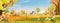 Vector Autumn panorama landscape farm field with orange sky, Beautiful sunset in mid Autumn countryside panorama view with