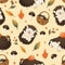 Vector autumn pattern, cheerful forest children hedgehogs carry apples on needles. Dry orange fallen leaves and a basket