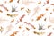 Vector autumn seamless pattern with mix of cute fall burnt orange red eucalyptus branches, taupe natural succulent leaves, beige