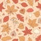 Vector autumn seamless pattern with oak, poplar, beech, maple, aspen and horse chestnut leaves, mushrooms, acorns and physalis bro
