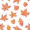 Vector autumn seamless pattern with oak, poplar, beech, maple, aspen and horse chestnut leaves and physalis of orange color