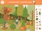 Vector autumn searching game with cute woodland animals. Find hidden objects in the forest. Simple fun educational fall season