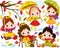 Vector Autumn Set with Cute Little Girls and Colorful Leaves