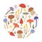 Vector autumn set with cute mushrooms, leaves and natural elements placed in a circle