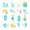 Vector baby accessories icons. Cartoon style newborn objects set.