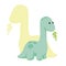 Vector baby dino flat style icon and its` silhouette - diplodocus or brontosaurus - for logo, poster, banner. For historic event,