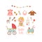 Vector baby girl set with a cute sitting girl, clothes, baby care accessories and toys