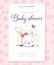 Vector baby shower design template. Cute hand drawn little bunny girl character in hole.