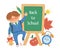 Vector back to school composition with cute schoolboy, chalkboard, alarm clock, bell, leaf. Funny educational design for banners,