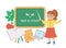 Vector back to school composition with cute teacher, chalkboard, book, apple, leaf. Funny educational design for banners, posters