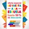 Vector Back to School Sale poster with books in Spanish language.