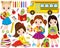 Vector Back to School Set with Cute Little Girls, Bookworm and School Stationery