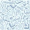 Vector back to school supplies pattern, hand drawn blue repeatable graphic school background doodle style