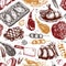 Vector backgorund with hand drawn food illustrations. Restaurant menu design. Meat products collection. Vintage seamless pattern.