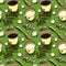 Vector background with coffee cups, milk jugs, beans, a spoon, coffee pots, sugar cubes, a grinder. Modern line style