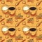 Vector background with coffee cups, milk jugs, beans, a spoon, coffee pots, sugar cubes, a grinder. Modern line style