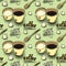 Vector background with coffee cups, milk jugs, beans, a spoon, coffee pots, sugar cubes, a grinder. Modern line style