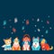 Vector background with cute cartoon puppies in warm winter cloth