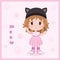 Vector background, cute little baby girl in dress, hat with cats ears.