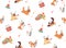 Vector background with dogs and cakes. Corgi puppies, pug, English bulldog, German shepherd, Labrador. Flat seamless