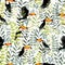 Vector background, element of seamless pattern . Toucans in green leaves