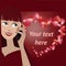 Vector background with face of girl speaking by phone and many hearts in shape of heart