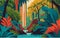 vector background illustration depicting a lush and vibrant jungle scene with towering trees, dense foliage, and a