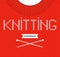 Vector background knitted fabric with an inscription `knitting` and knitting needles. Knitted Wool Texture. Red sweater.