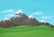 Vector background. Snowy mountain range with green fields, hills and blue sky with clouds.