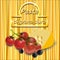 Vector background of spaghetti with gold logo, cherry tomatoes