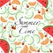 Vector background and text about summertime, fruit slices, berries, splashes of juice.