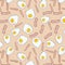 Vector bacon and eggs illustration. Breakfast meal in cafe pattern. Morning traditional omelette food. Early background