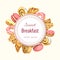 Vector bakery or pastry label, round composition, badge in gentle pastel colors with sweets. sweet breakfast