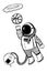 Vector balck and white cartoon illustration with asronaut playing basketball in space