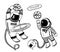 Vector balck and white cartoon illustration with two asronauts playing basketball in space with planet ring