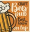 Vector banner for the best beer pub in town with craft beer on tap. Illustration with inscriptions and a full glass of frothy beer