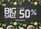 Vector banner with big sale up to fifty percent and mushrooms with parsley