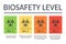 Vector banner biosafety levels. Signs BSL-1 BSL-2 BSL-3 BSL-4. Laboratory biohazard symbol. Viruses bacteria bioweapons. From low